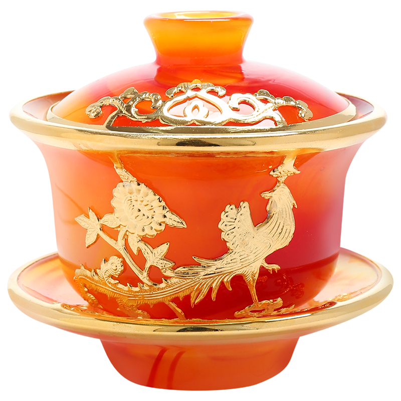 Recreational product agate an inset jades three to bowl and thicken the hot stone coloured glaze porcelain tureen rock tea pu - erh tea kungfu tea set