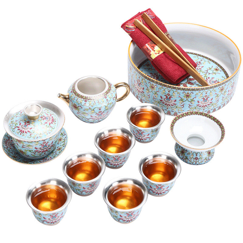 Recreational product silver clasp porcelain kung fu tea set silver colored enamel coppering. As ceramic household tureen tea pot bearing sample tea cup