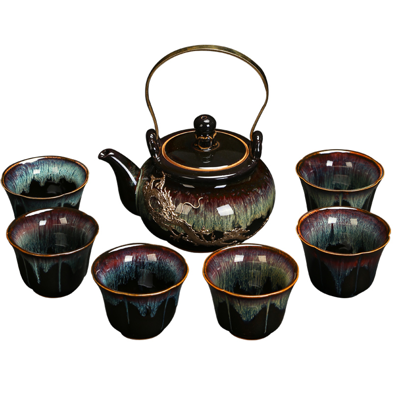 Recreational product obsidian change to build a complete set of ceramic Japanese kung fu lamp with fine gold girder pot of tea sets tea cup red glaze