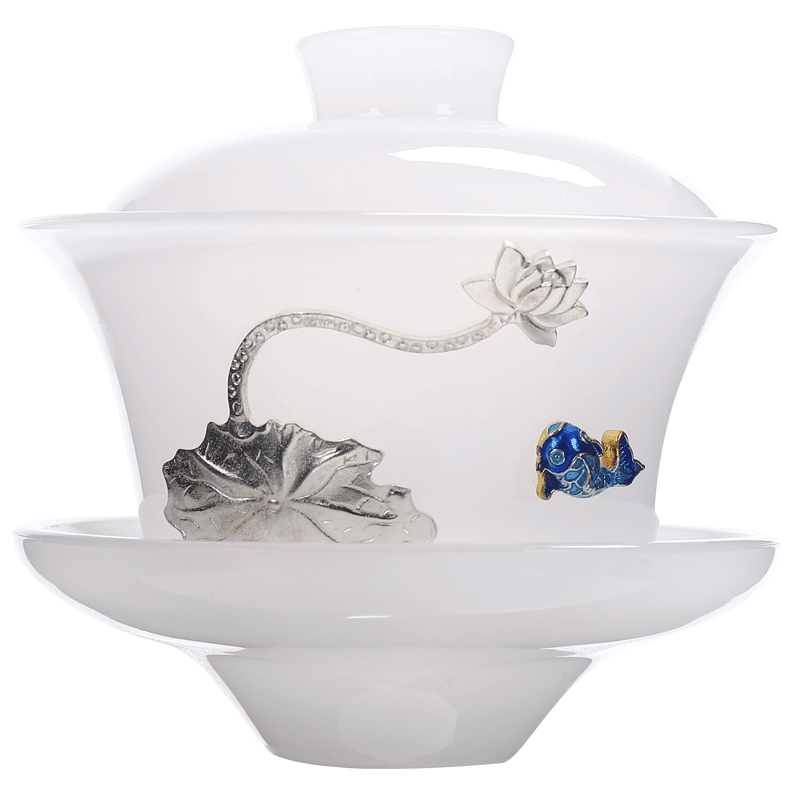 Recreational product coloured glaze jade white porcelain tea tureen not hot silver kung fu tea set large bowl three tureen tea cups