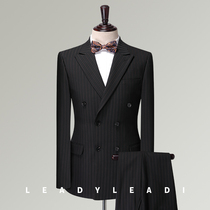Leach double-breasted suit mens suit groom wedding dress three-piece youth slim Korean striped professional wear