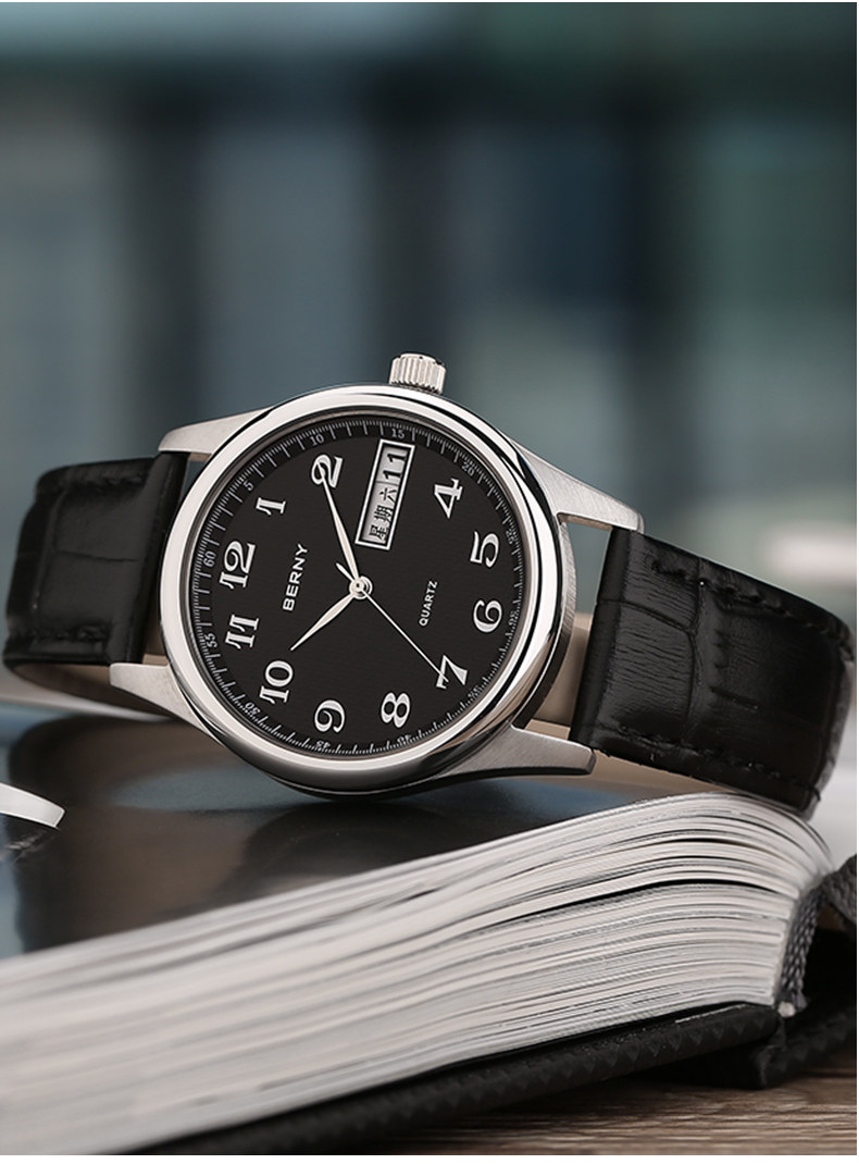 伯尼正品手表男士皮带石英表双日历大数字防水学生休闲情侣表_实惠券