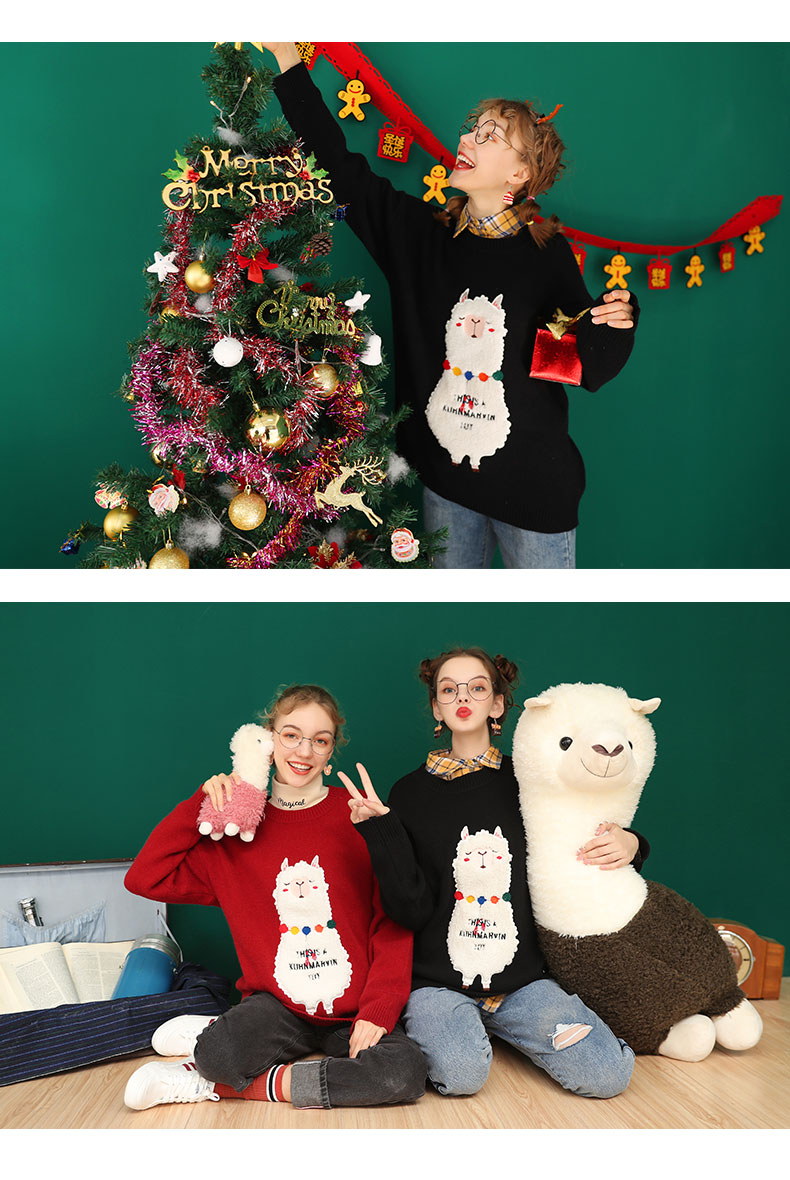 2019秋冬新款圣诞节鼠年毛衣女网红宽松红色针织衫黑