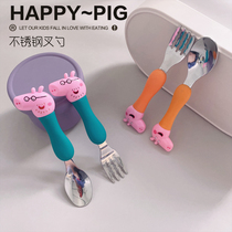 Stainless steel Childrens tableware infant cartoon pig fork spoon training spoon baby eating rice spoon 2 years old