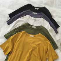 muzi 21 summer turmeric army green white blue gray black Korean version loose retro pure cotton solid color short sleeve T-shirt female