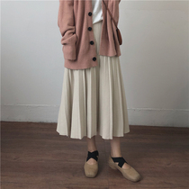 muzi 21 Autumn Apricot Kaki Coffee Black Joker Retro Pleated Medium Long Knitted A Skirt Women
