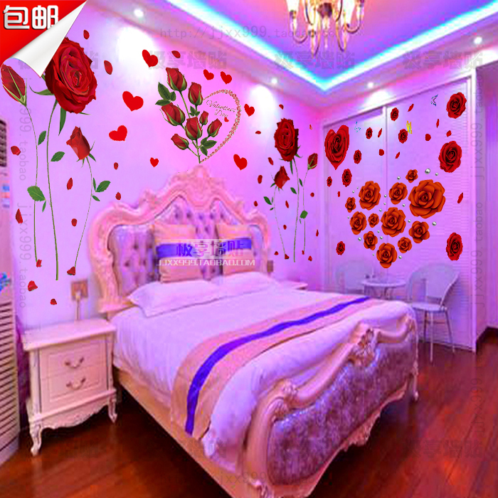 Warm Bedroom Bedside Background Romantic Pink Rose Flower Wall Sticker Wedding Room Mood Flower Decoration Sticker