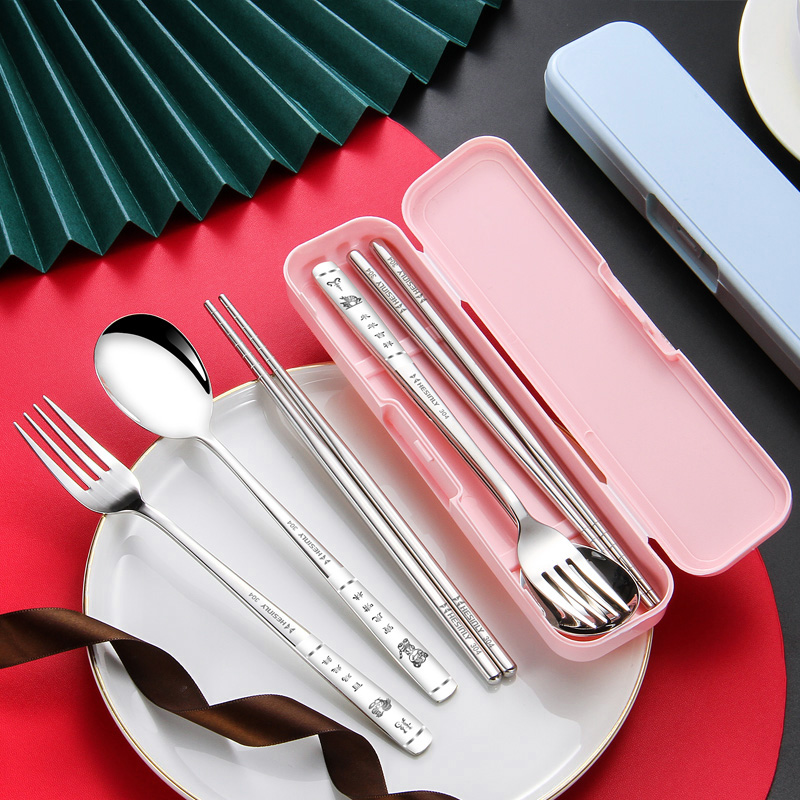 304 stainless steel chopsticks spoon fork suit creative child spoon student child portable cutlery one person with -Taobao