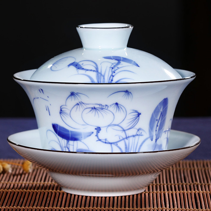 Jingdezhen ceramic large tureen tea cups household in a bowl of hand - made celadon three bowl cover cup tea bowl