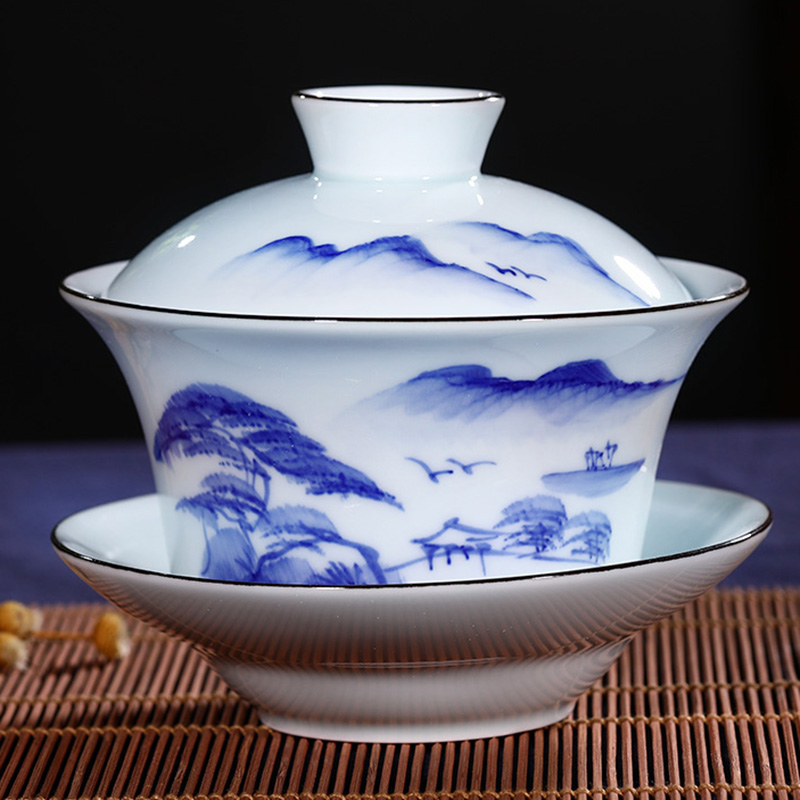Jingdezhen ceramic large tureen tea cups household in a bowl of hand - made celadon three bowl cover cup tea bowl