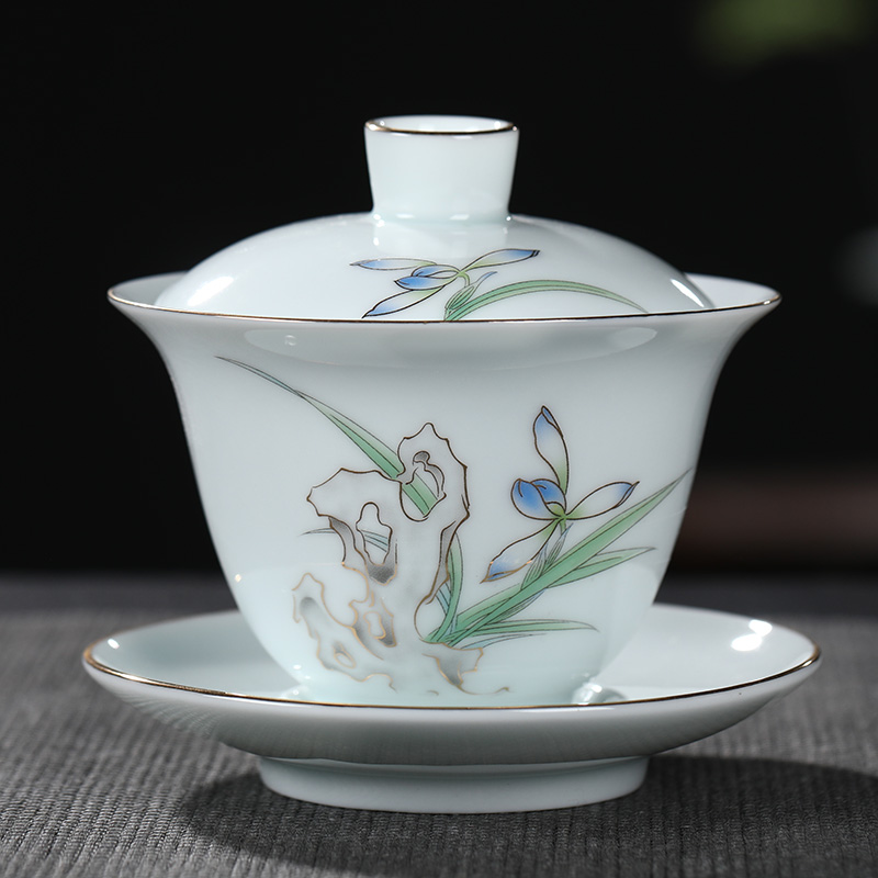 Jingdezhen ceramic tureen single bluish white porcelain tureen only three to use hand grasp the hand - made kung fu tea tea tea bowl