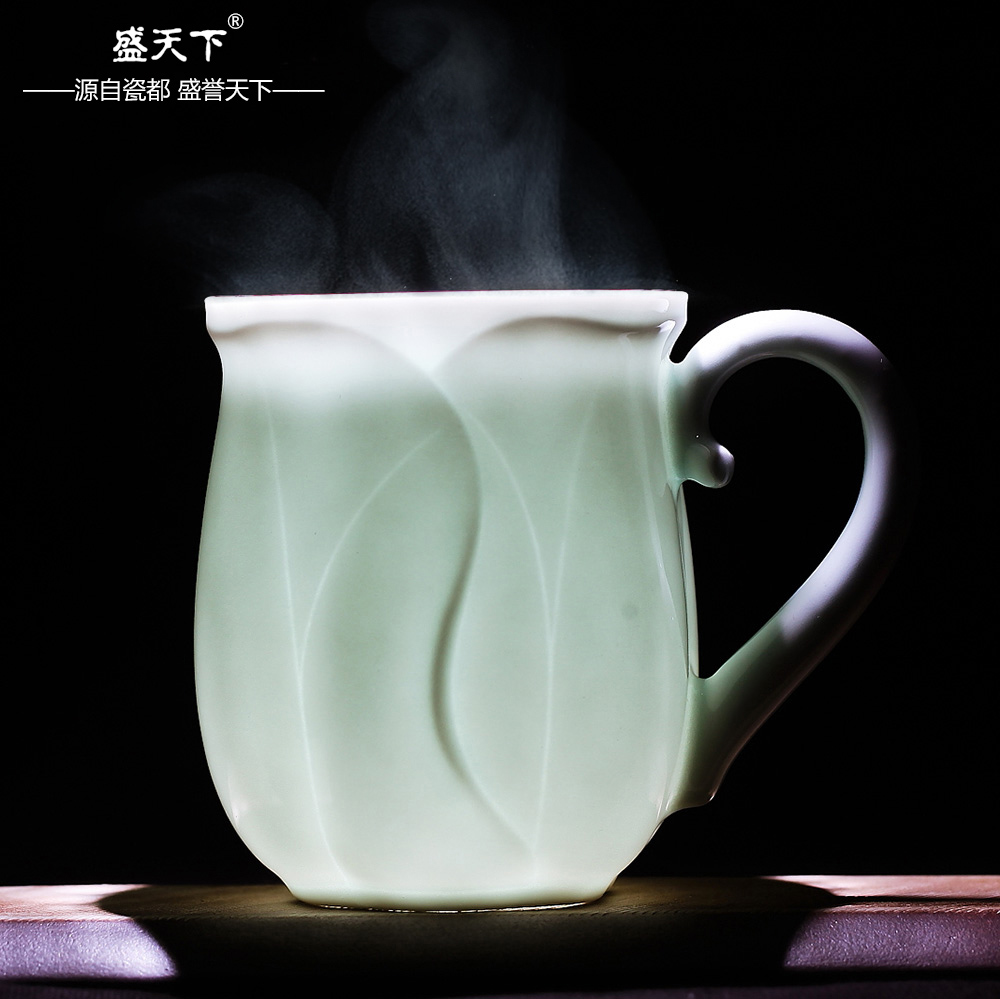 Jingdezhen shadow celadon teacup ceramic cup tea cup single CPU office cup with cover cup youth cup and meeting