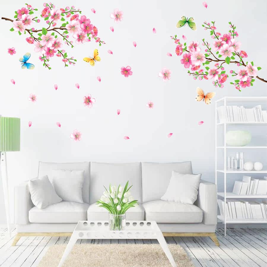 浪漫小清新房间墙上装饰墙贴画客厅卧室温馨墙贴自粘墙壁贴纸桃花_折2
