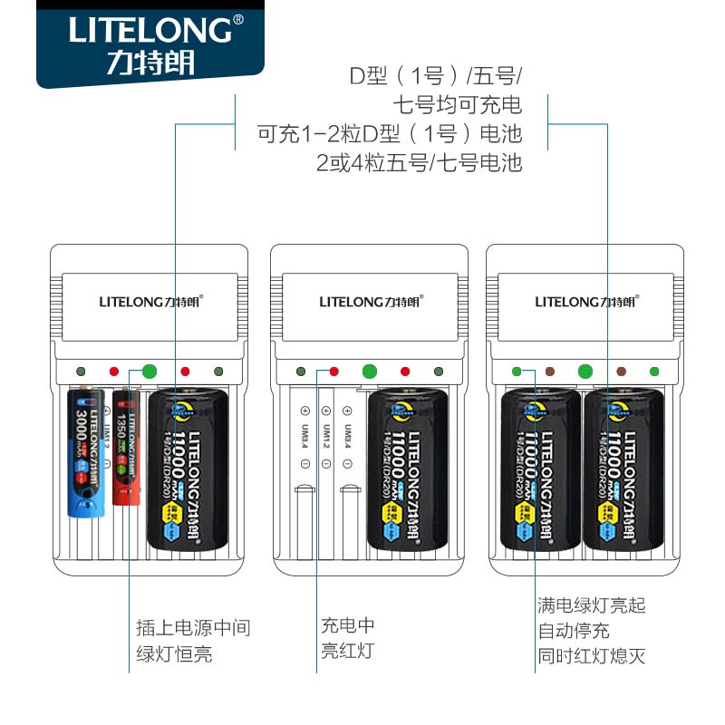 力特朗1号充电电池套装一号电池充电器2节D型电池可充5号7号电池产品展示图2