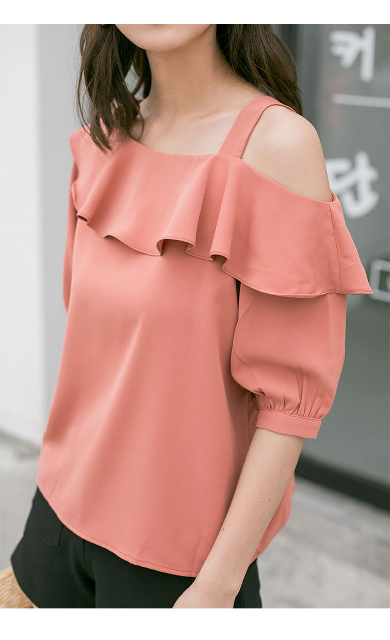 飘逸漏锁骨漏肩超仙单肩一字肩领荷叶边短袖雪纺衫上衣女夏荷叶