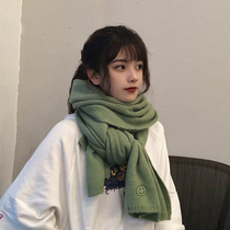 Korean version of solid color knitted wool smiley face scarf female autumn and winter thickened warm student scarf male Joker shawl tide