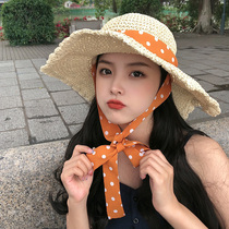 Straw hat female summer wave point lace-up beach hat small fresh seaside vacation sunscreen visor hat Japanese strap Korean version