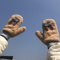 Glove women winter cute windproof plus velvet thickened warm cycling Korean students even fingers in Japanese lamb Velvet