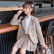 Girl suit suit 2021 Spring and Autumn new foreign gas children Korean version of Zhongdabong Plaid autumn jk two-piece set