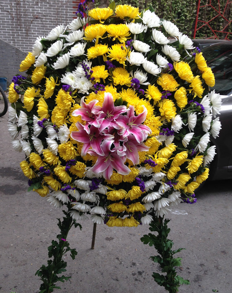 黄白菊花祭奠悼念花圈 葬礼丧葬花篮白事清明节鲜花(2
