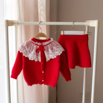 2021 new girls  foreign style suit autumn female baby knitted cardigan childrens short skirt baby sweater two-piece set