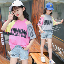 Childrens clothing 2021 summer new girls Korean fashion strapless t-shirt denim shorts set