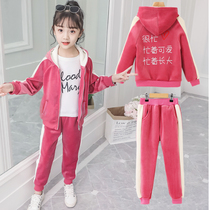 Girl Gold Velvet Suit Spring Winter 2022 New Kid Nets Red Ocean Sports Plus Suede Thickened Children Two Sets