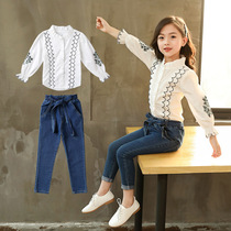 Child Clothing Girl Suit Autumn Clothing New Products CUHK Childlike Korean version Long sleeves lace shirt denim trousers Two sets