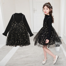 Childrens clothing girls dress Autumn New 2021 middle and big children Korean fashion fake two pieces of stitching mesh skirt tide