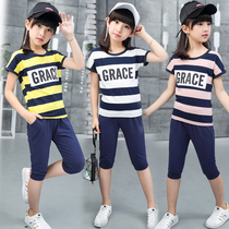 Childrens Clothing Girls Summer Clothing 2022 New Children Sports Suit Summer Short Sleeves CUHK Children Casual Streaks Two Sets