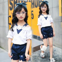 Childrens clothing girls summer suit 2022 new Korean version CUHK Scout girl Summer clothing shorts exposed shoulder two pieces