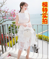 2017夏新款女名媛刺绣蕾丝透视蓬蓬蛋糕裙渡假连衣裙礼服