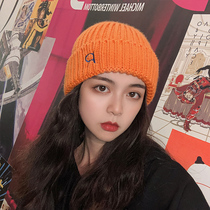 Hip hop orange hat womens autumn and winter warm wool thickened knitting student Korean version wild street net red winter tide