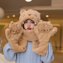 Cartoon Tiger Plush Hat Woman Winter Sweet and cute Baotou Scarf Gloves Integrated Windproof ear warming hat