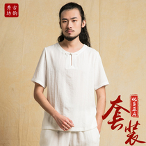 Gu Yunxiu Fang Chinese style men's linen suit men's vintage ethnic style two-piece meditation Chinese style T-shirt men's clothing