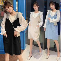 Pregnant women autumn dress tide 2020 two-piece fashion hot mom personality knit doll collar Foreign suit skirt