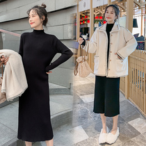 Pregnant women autumn and winter Lamb hair coat womens loose top knitted sweater long dress winter suit
