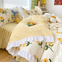 Princess style bed sheets quilt cover four-piece summer summer spring blue flower dormitory bed three sets