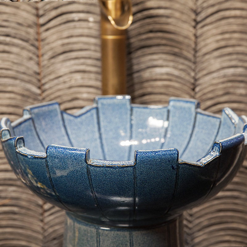 King beautiful balcony one basin of pillar type lavatory toilet ceramic basin sink blue porcelain lotus