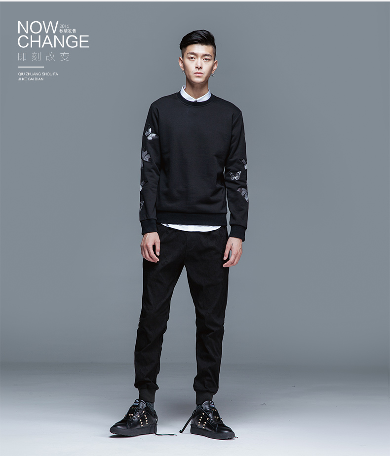 UOOHE秋季刺绣卫衣男 韩版潮学生修身套头圆