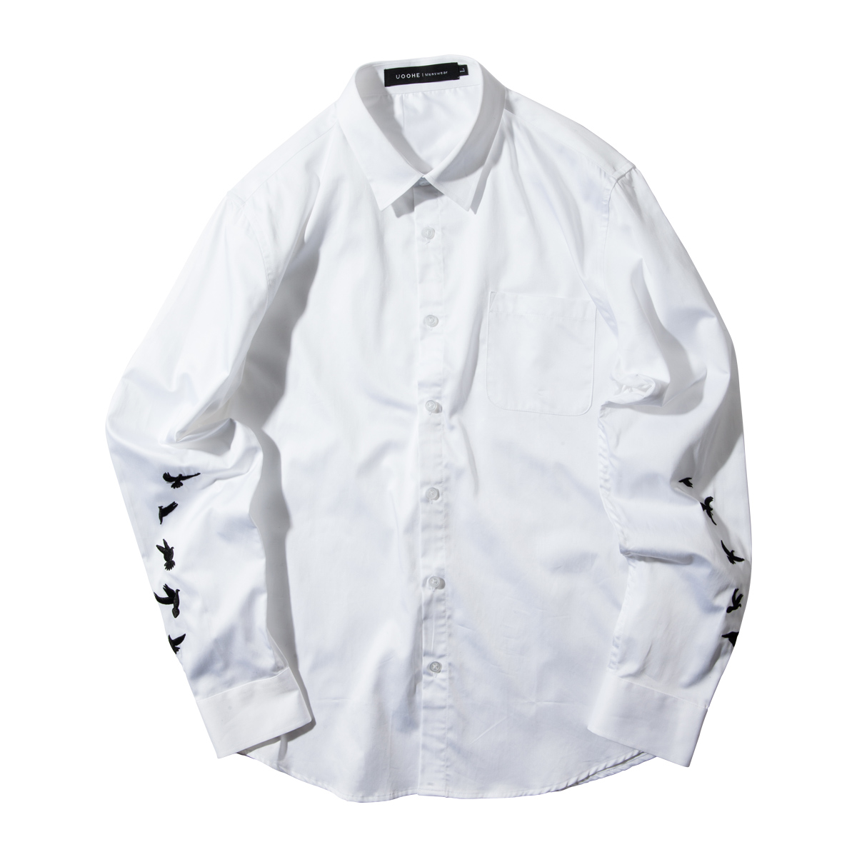 UOOHE2017春季新款飞鸟刺绣潮男白衬衣韩版修身白色男士长袖衬衫产品展示图5