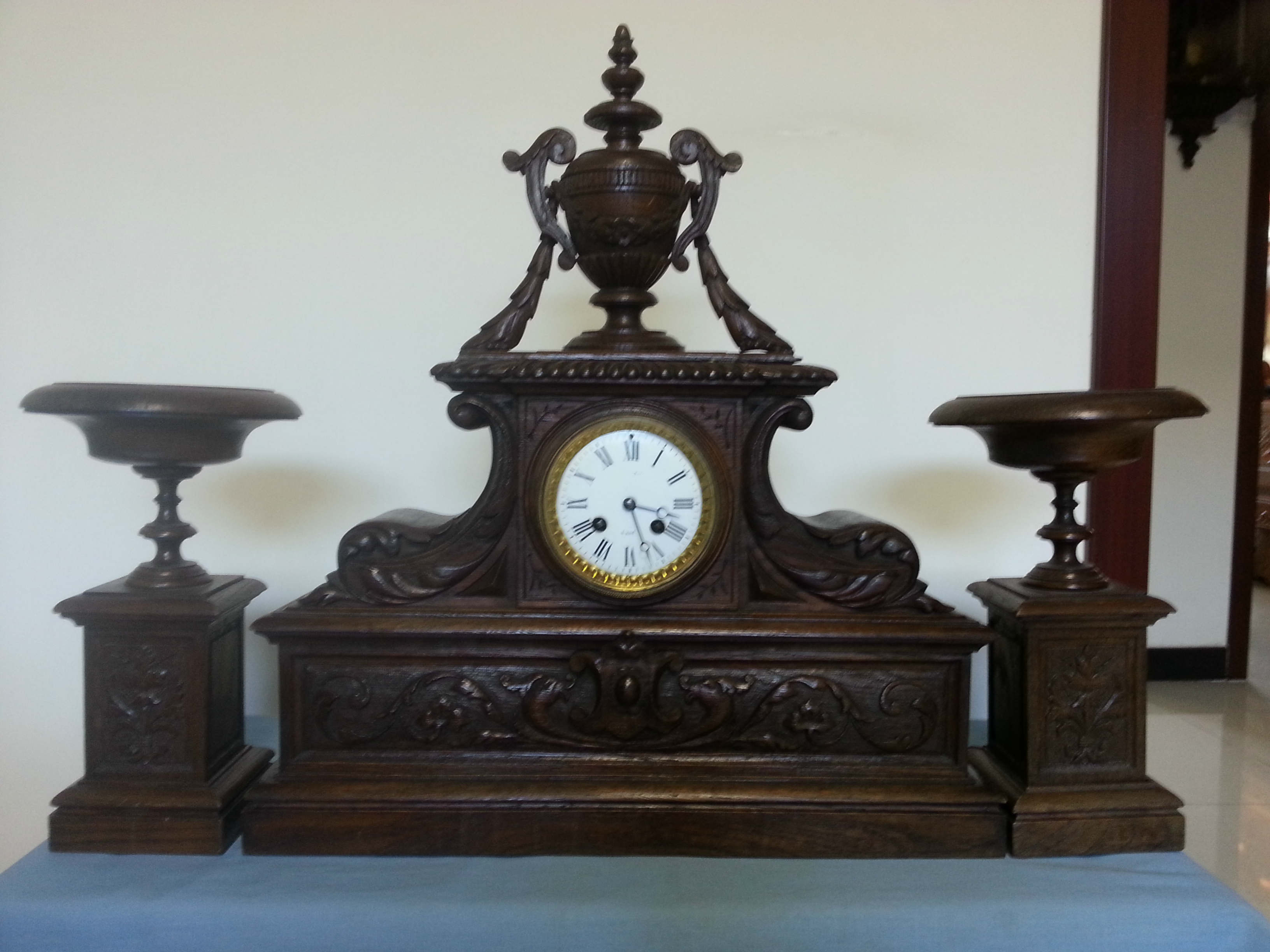 西洋老钟表 法国古董木套钟三件套机械座钟自鸣钟(带烛台)