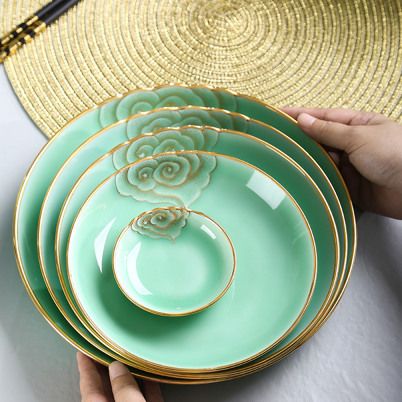 Hand - made celadon dishes Chinese style up phnom penh high - end dishes of jingdezhen ceramic celadon carved tableware tableware suit