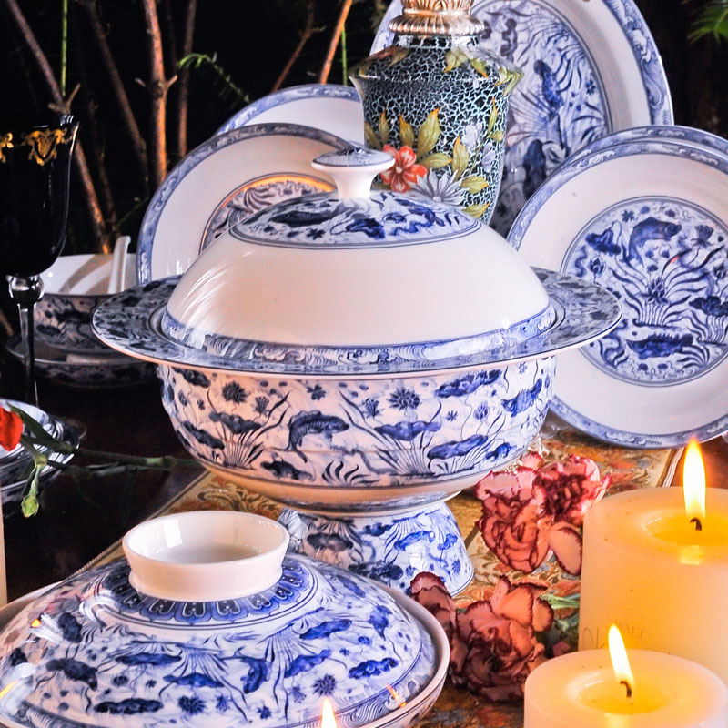 Red xin 60 heads of jingdezhen suit to use dishes porcelain tableware ceramics archaize Ming xuande mackerel algae