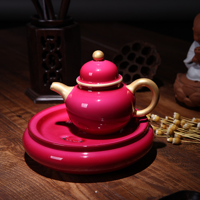 Jingdezhen ceramic teapot high temperature color glaze checking carmine colored enamel teapot tea tray was set tea service