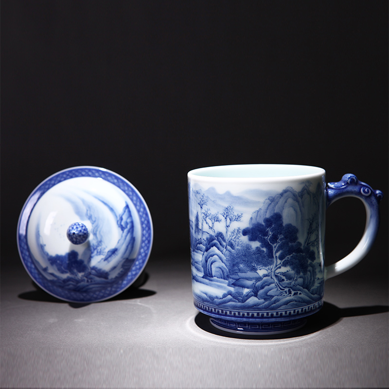 Jingdezhen ceramic kung fu tea cups hand - made porcelain painting landscape office cup sample tea cup with cover cups