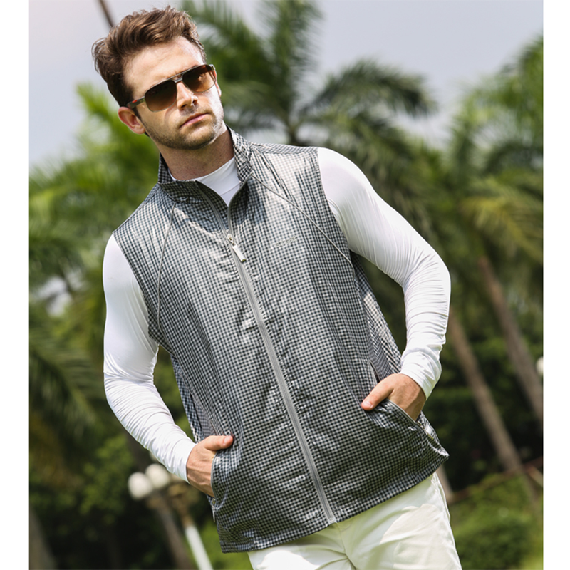 G T GOLF Spring and Autumn Casual Sports Windproof Golf Gray Blue Plaid Vest Fishing Thin Vest Jacket