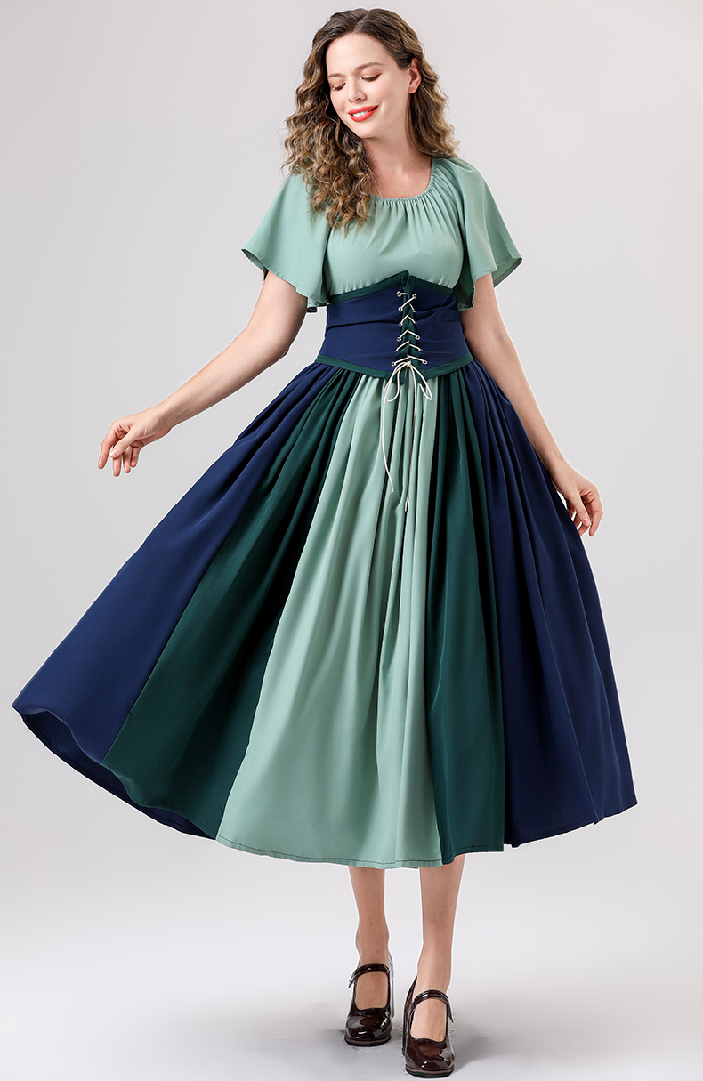 特大码中世纪复古撞色拼接连衣裙文艺复兴时期女装cos舞台演出服