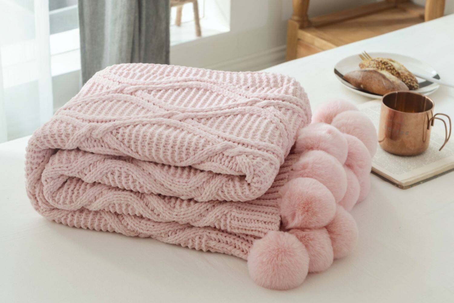 加厚雪尼尔毛球盖毯针织毯子粗毛线编织床尾毯搭巾装饰沙发毯毛毯