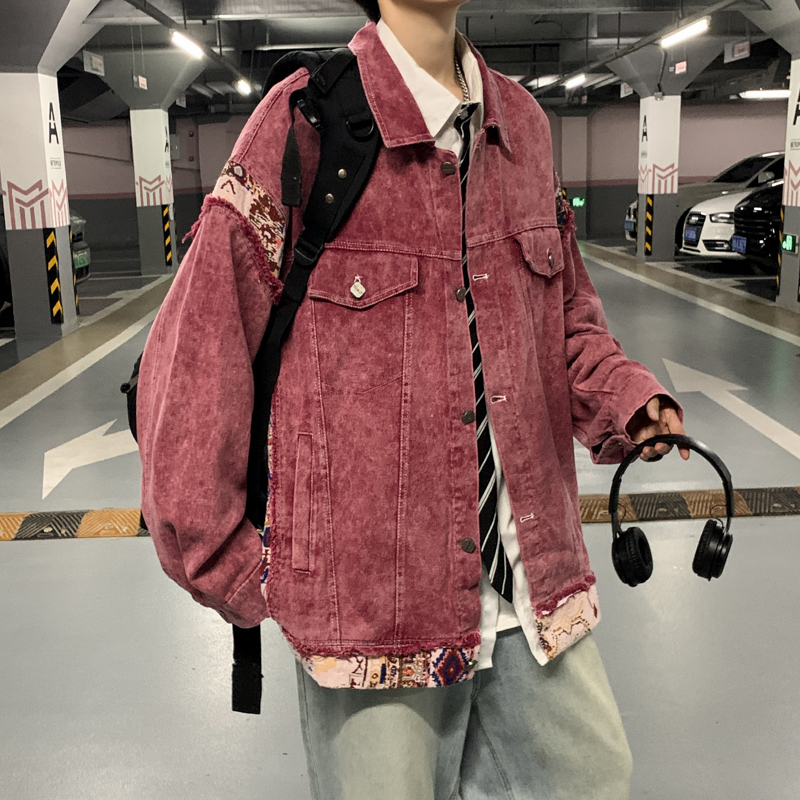美式复古情侣装民族风拼接牛仔外套男女韩版bf宽松帅气夹克上衣潮